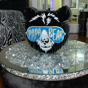 Felt soft black velvet Papa bear with shades wooden desk